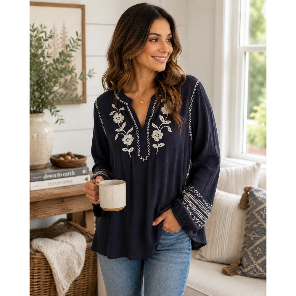 Market & Spruce NWT Navy Embroidered Peasant Blouse Boho Tunic Top Size XL - Picture 2 of 7